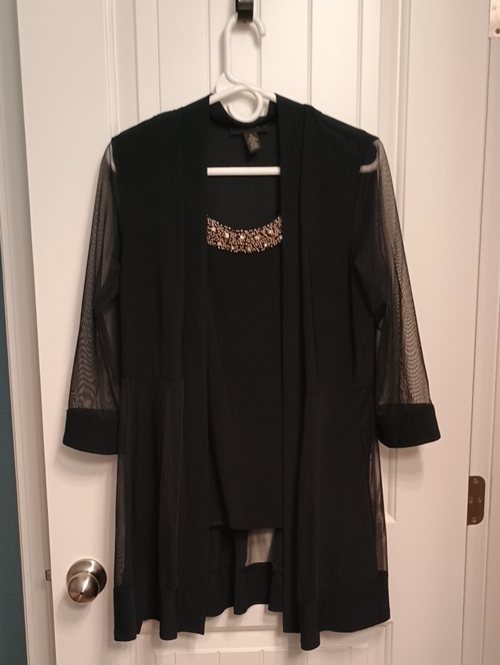 R&M Richards Black Open-Front Mesh Sleeve Blouse with Beaded Trim